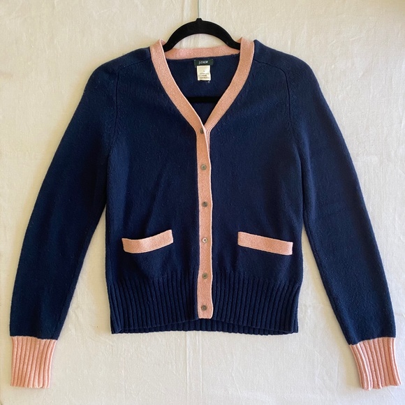J. Crew Sweaters - J Crew Blue & Pink Button Up Wool V Neck Sweater Size Small